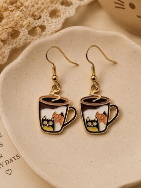 Cute Cat Coffee Mug Enamel Dangle Earrings New